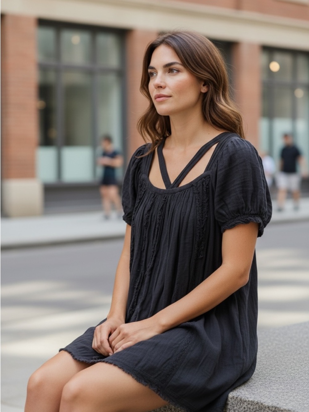 Free People Angele Black Mini Dress Babydoll with Strappy Neckline